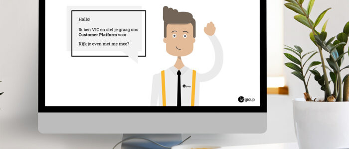 computer in wit kantoor waarop activatievideo te zien is met avatar
